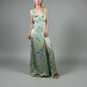 Lulus Silky Sage Green & Blue Floral Side Slit Plunge V-Neck Maxi Dress